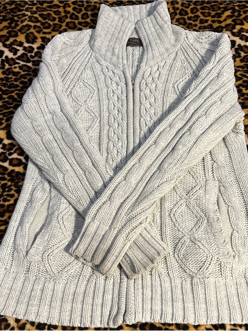 Cable Knit Zip-Up Sweater - Light Gray